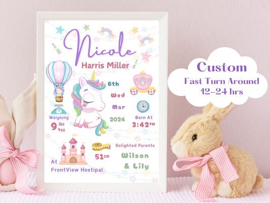 Unicorn New Born Baby Girl Personalised Gift