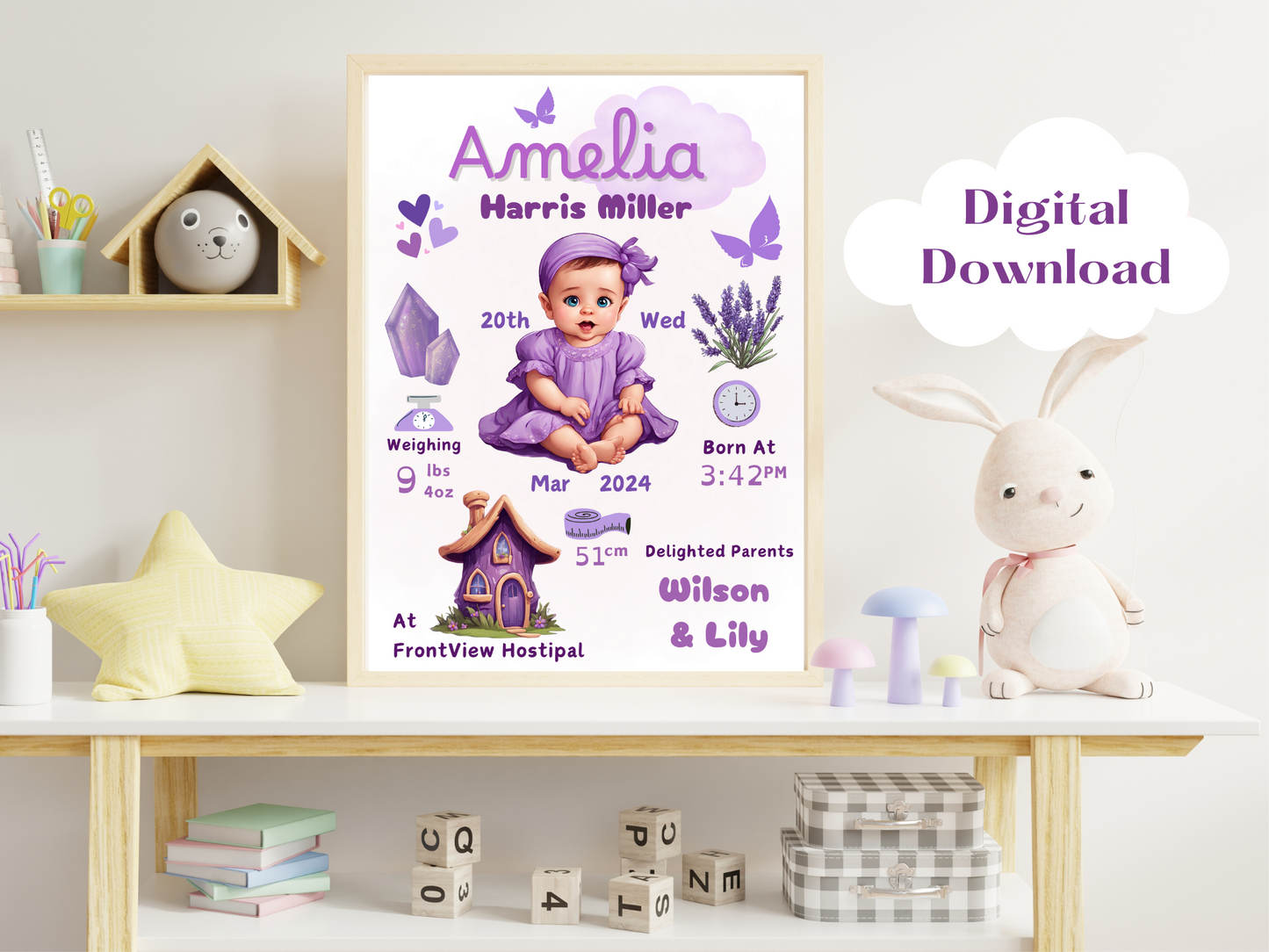 Purple New Born Girl Baby Printable Gift