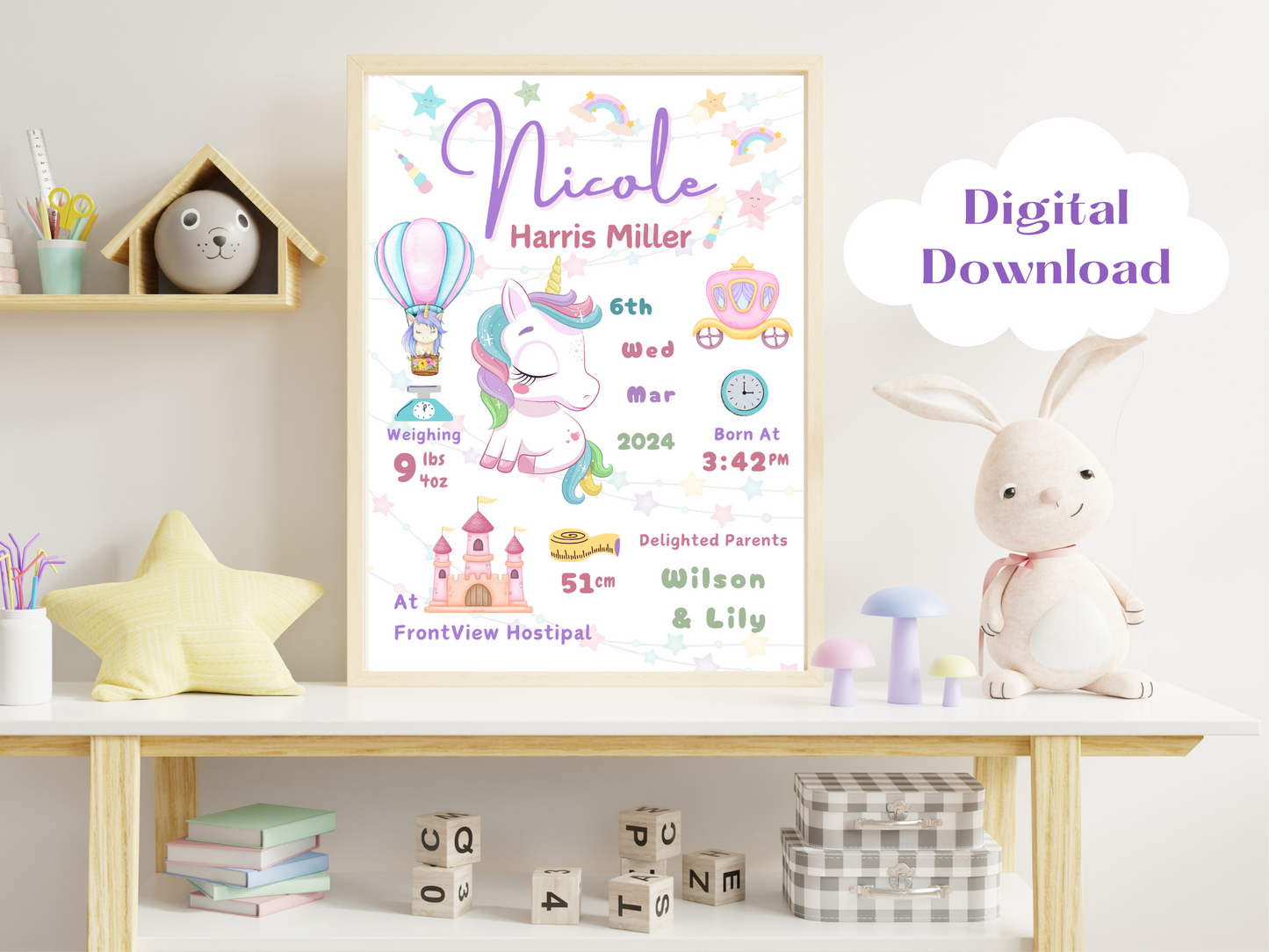 Unicorn New Born Baby Girl Personalised Gift