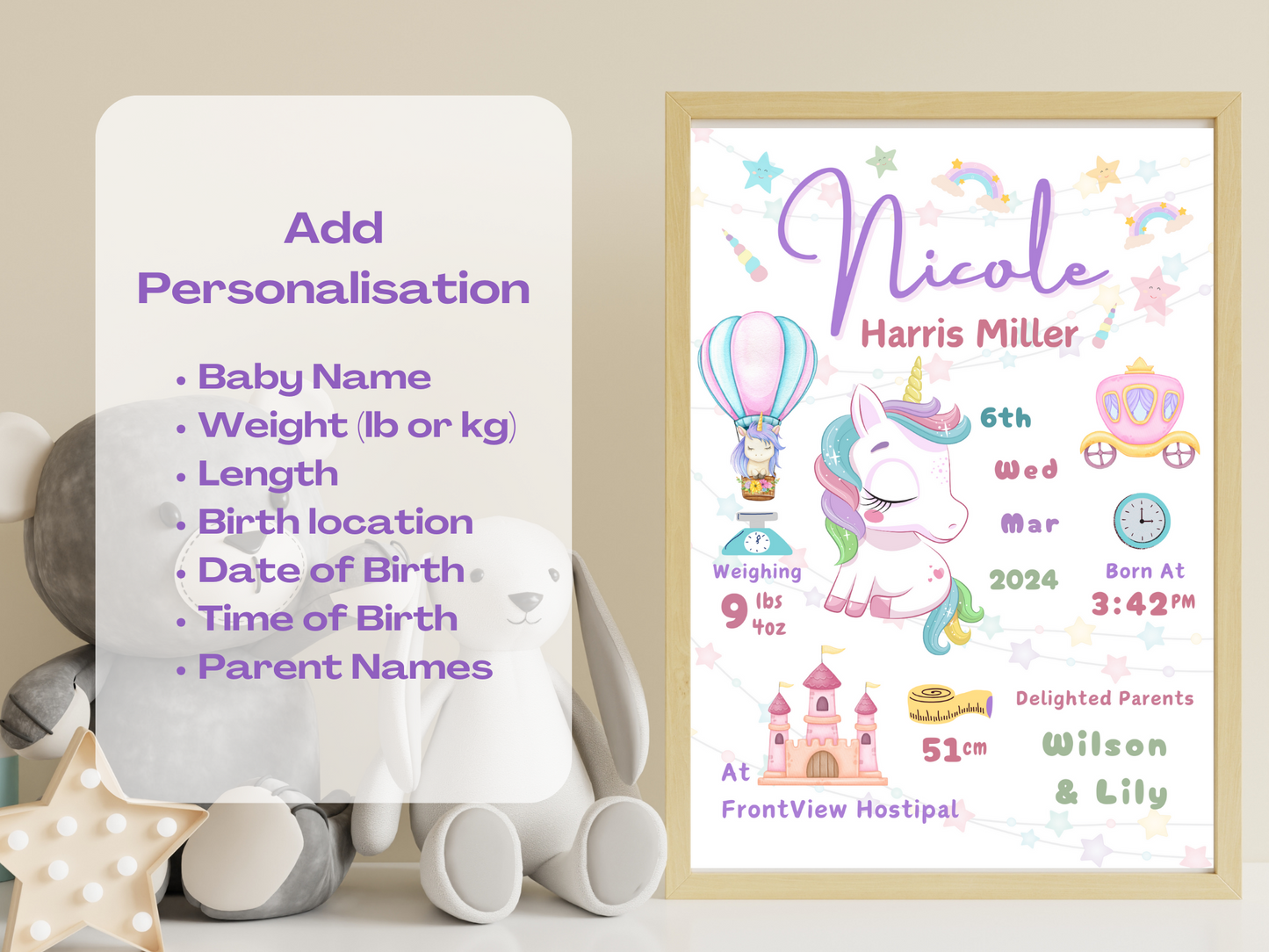 Unicorn New Born Baby Girl Personalised Gift