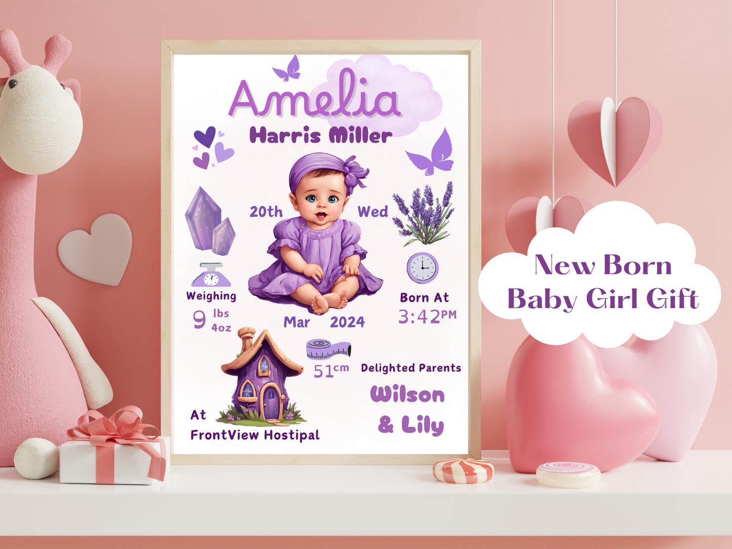 Purple New Born Girl Baby Printable Gift