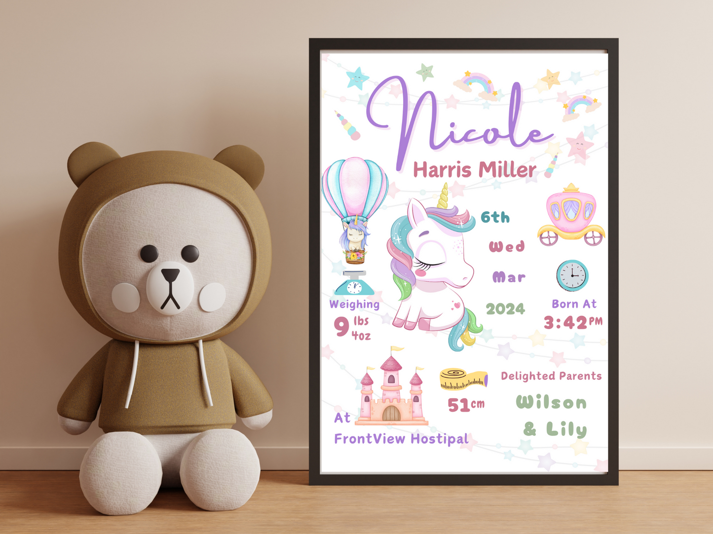 Unicorn New Born Baby Girl Personalised Gift