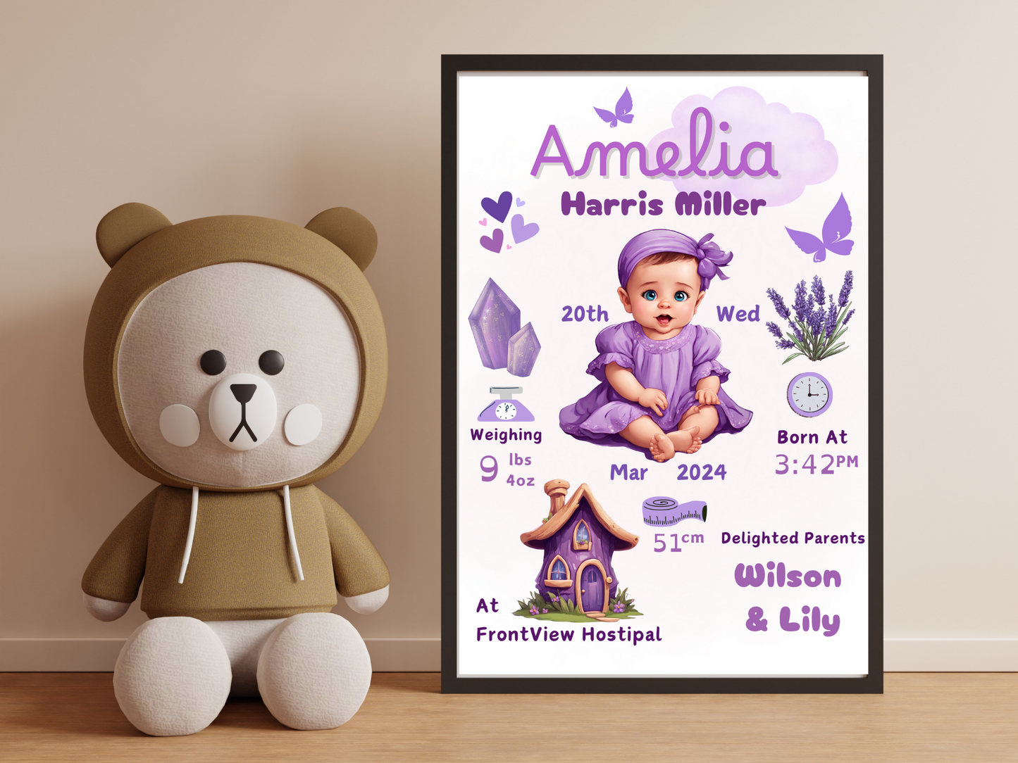 Purple New Born Girl Baby Printable Gift