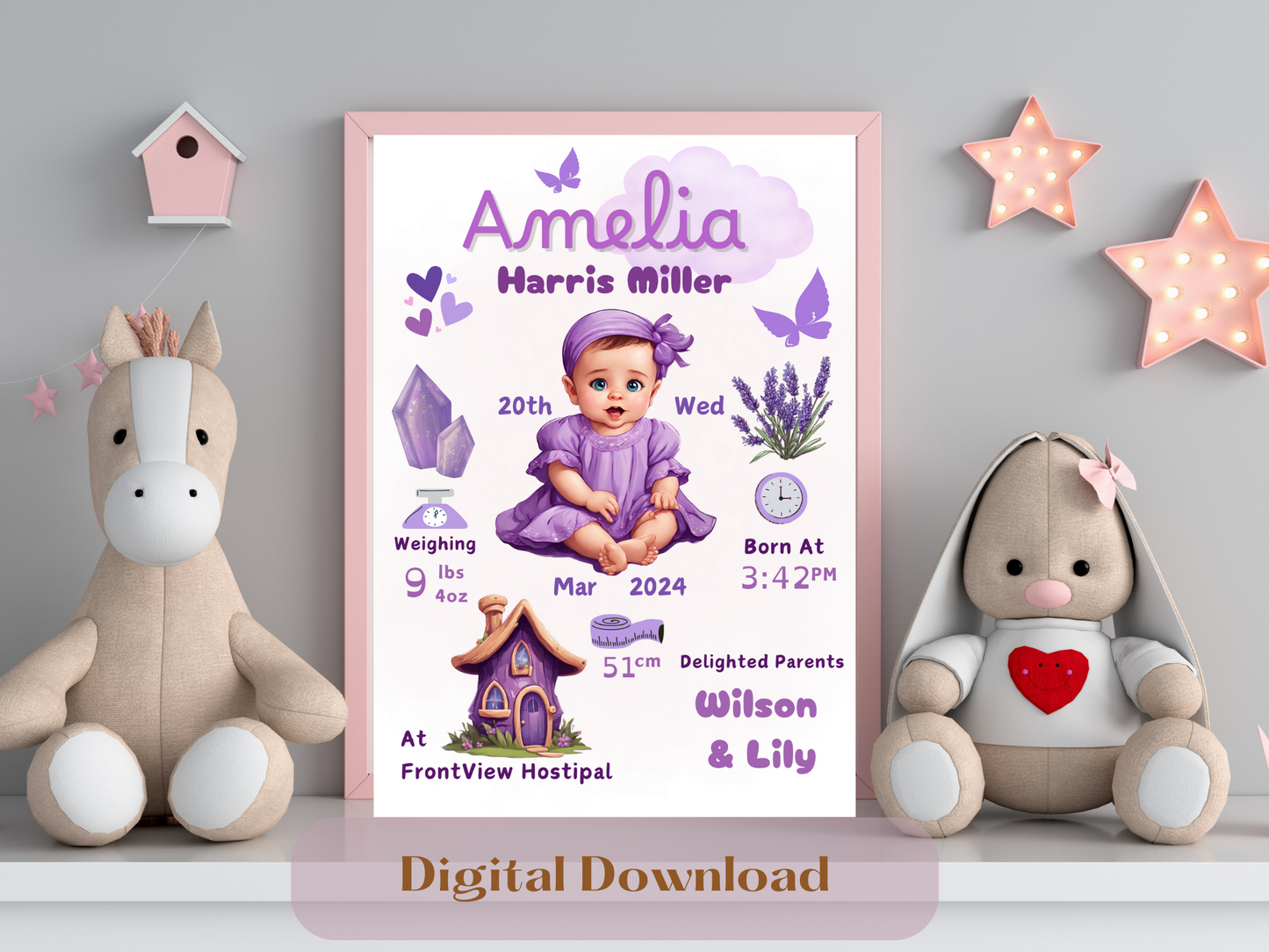 Purple New Born Girl Baby Printable Gift