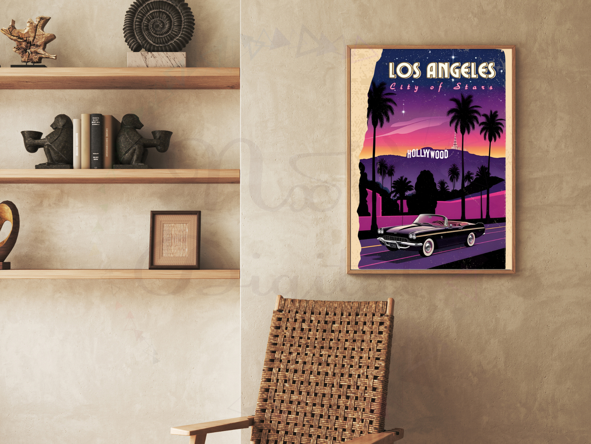 Printable LA skyline poster placed in open book mockup

