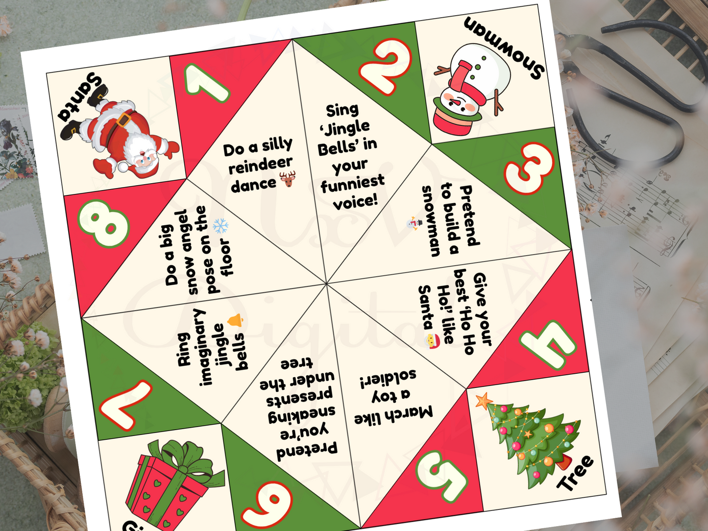 Christmas-themed fortune teller with numbered sections on a white background