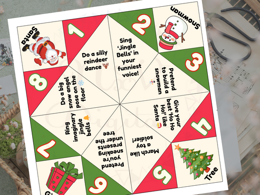 Christmas-themed fortune teller with numbered sections on a white background