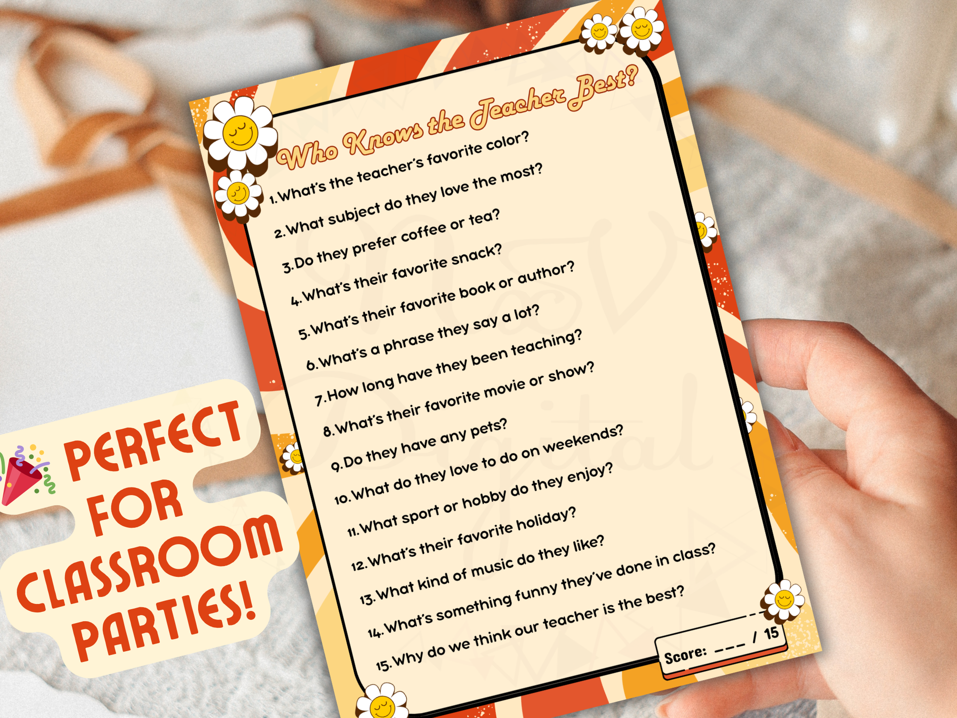 Trivia game for kids and teachers placed in an open book mockup