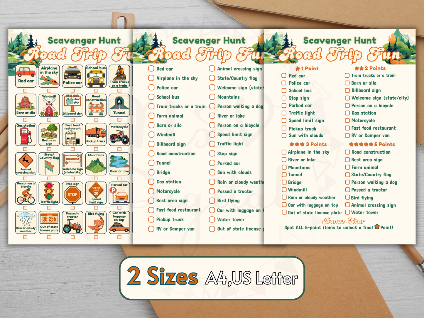 Hands holding printed road trip game sheets