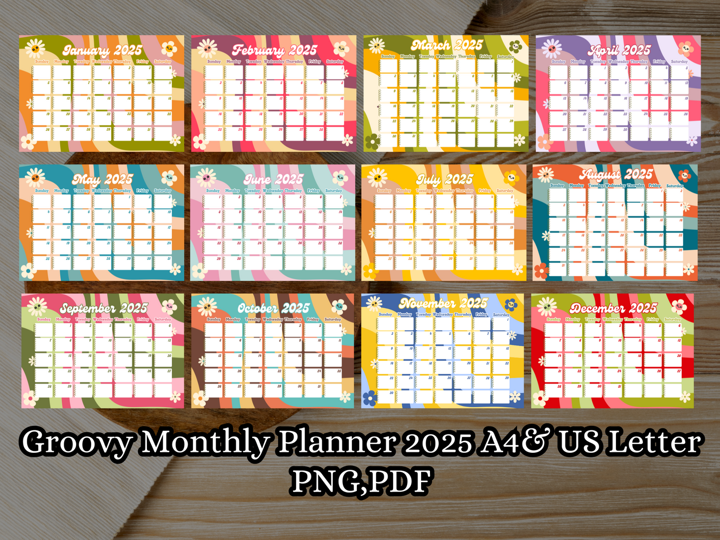 Groovy Floral Monthly Planner Calendar 2025