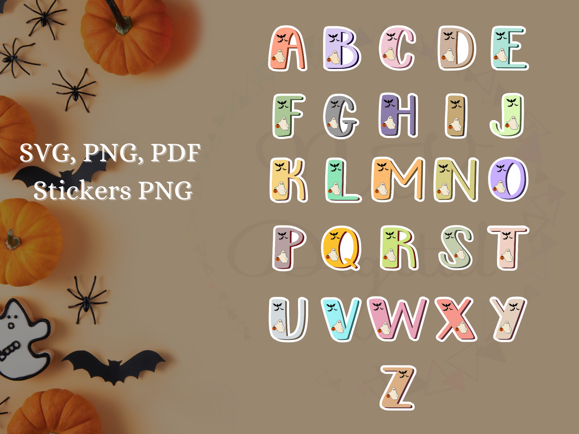  Halloween Alphabet Doodle Ghost Bats 