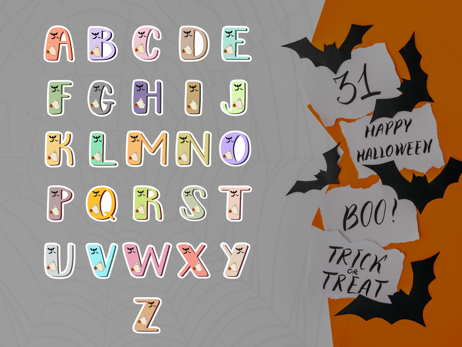  Halloween Alphabet Doodle Ghost Bats 