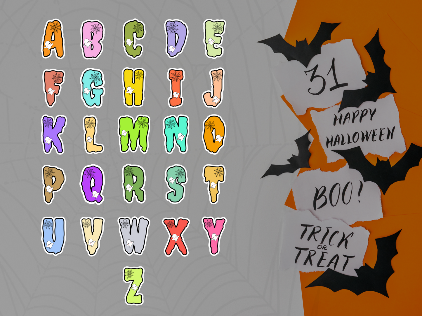 Halloween Alphabet Doodle Ghost Spider web Gift Tag Png