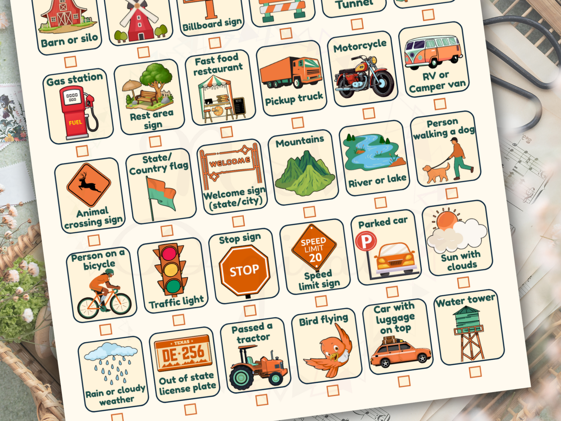 Kids playing scavenger hunt in a car on a road trip