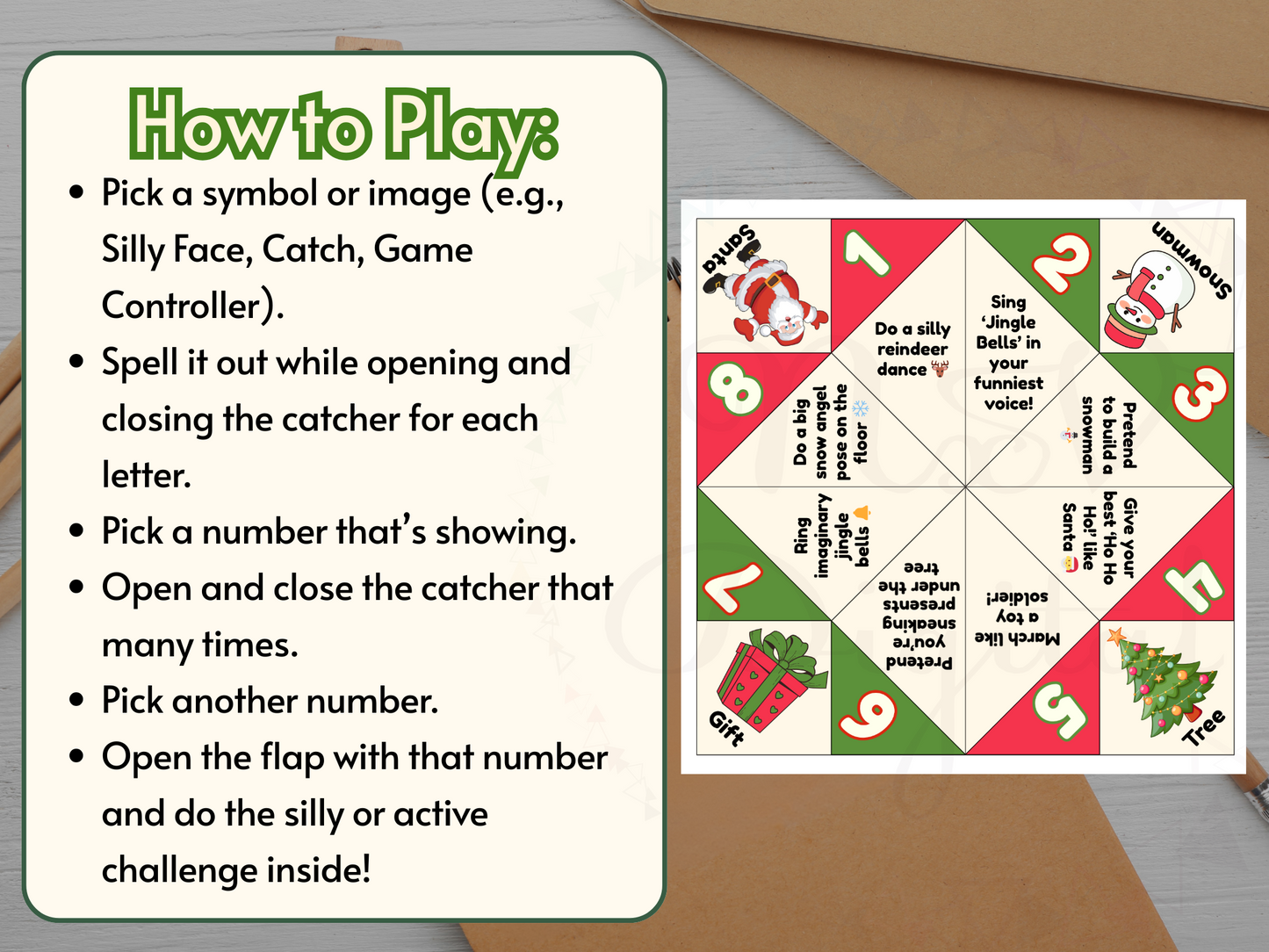 Cootie catcher with Christmas-themed questions and a card explaining how to play.
