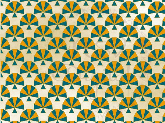 Art Deco Fan Sea Blue and Yellow with Gold Border Pattern SVG Seamless