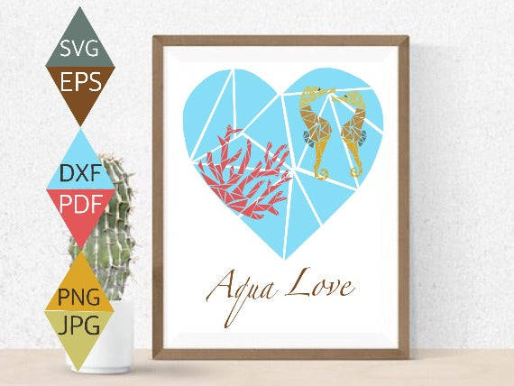 Ocean Blue Heart with Two Seahorses and Coral Weed SVG on wood framed wall art