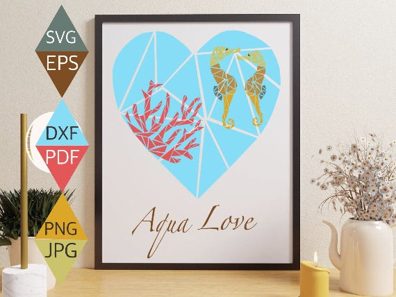 Ocean Blue Heart with Two Seahorses and Coral Weed SVG on black framed wall art