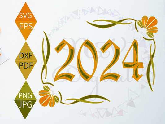 Art Nouveau New Year 2024 Svg with floral border