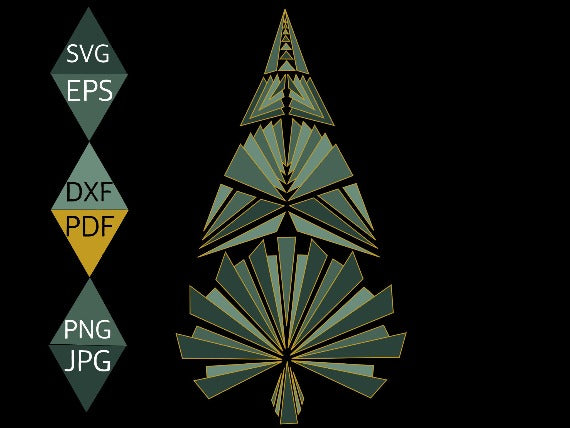 Art Deco Green Christmas Tree with Gold Border SVG on black background