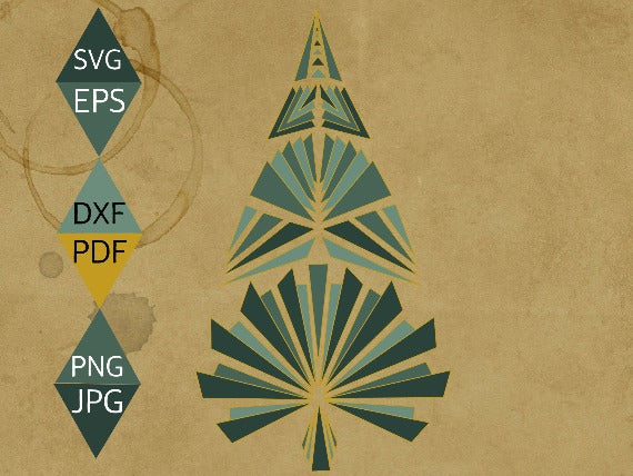 Art Deco Green Christmas Tree with Gold Border SVG on old Paper