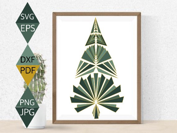 Art Deco Green Christmas Tree with Gold Border SVG on wood framed wall art