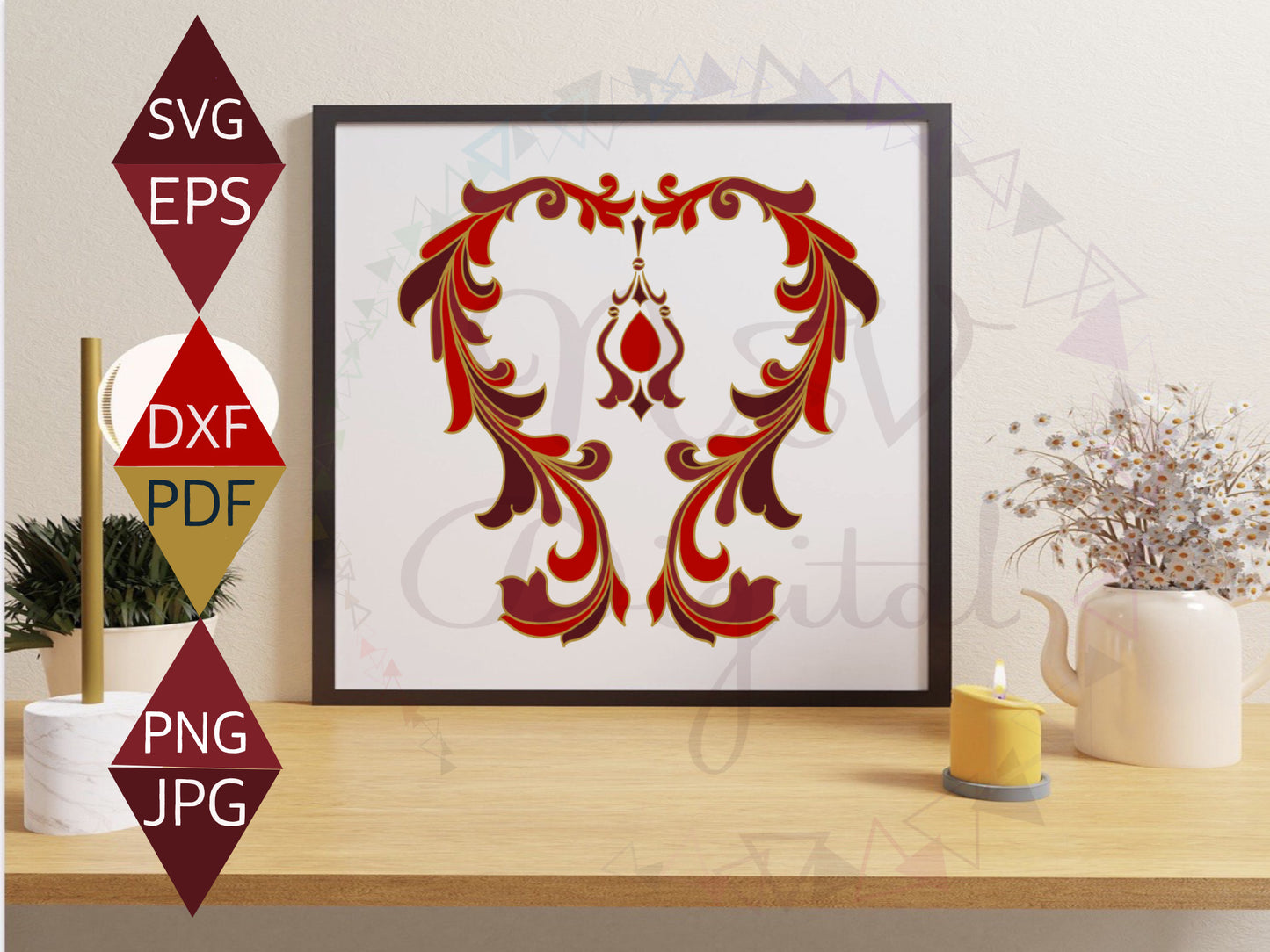 Art Nouveau Floral Valentines heart Svg on black framed wall art