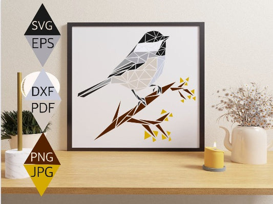 Black capped chickadee svg print on black framed wall art