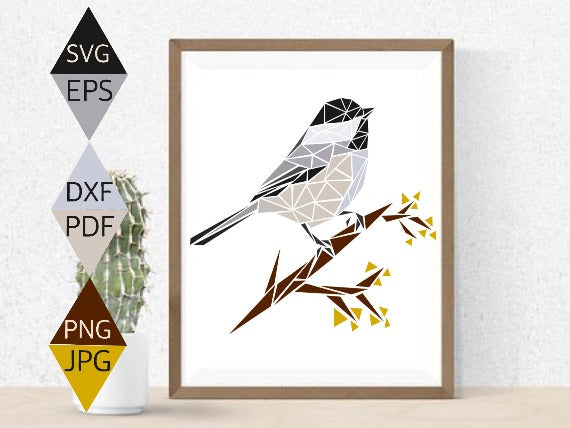 Black capped chickadee svg print on wood framed wall art