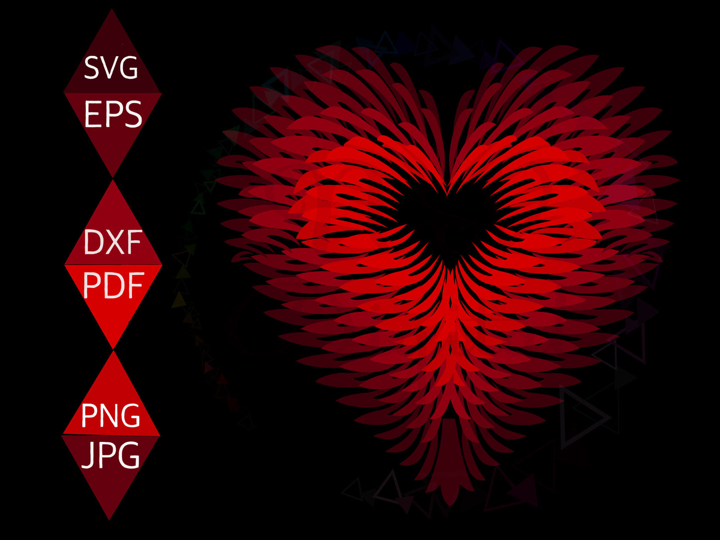 Red Feathers Design Heart Shaped Vector PNG on black background