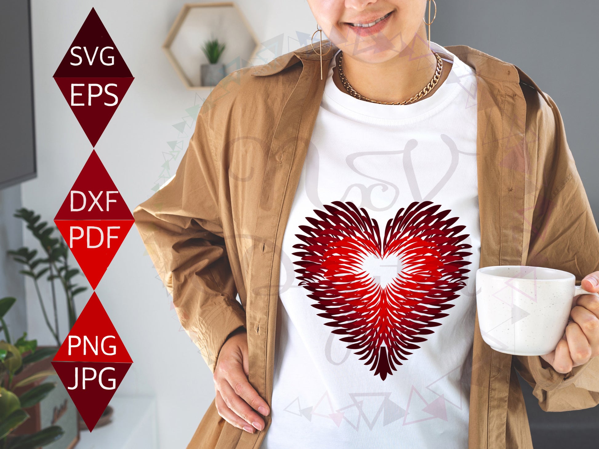 Red Feathers Design Heart Shaped Vector SVG on White T-shirt