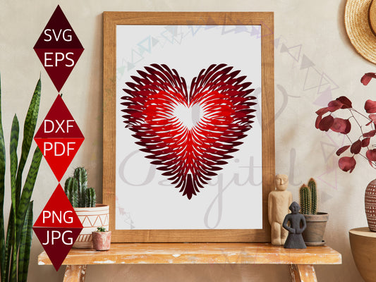 Red Feathers Design Heart Shaped Vector PNG on Wood Framed Wall Art