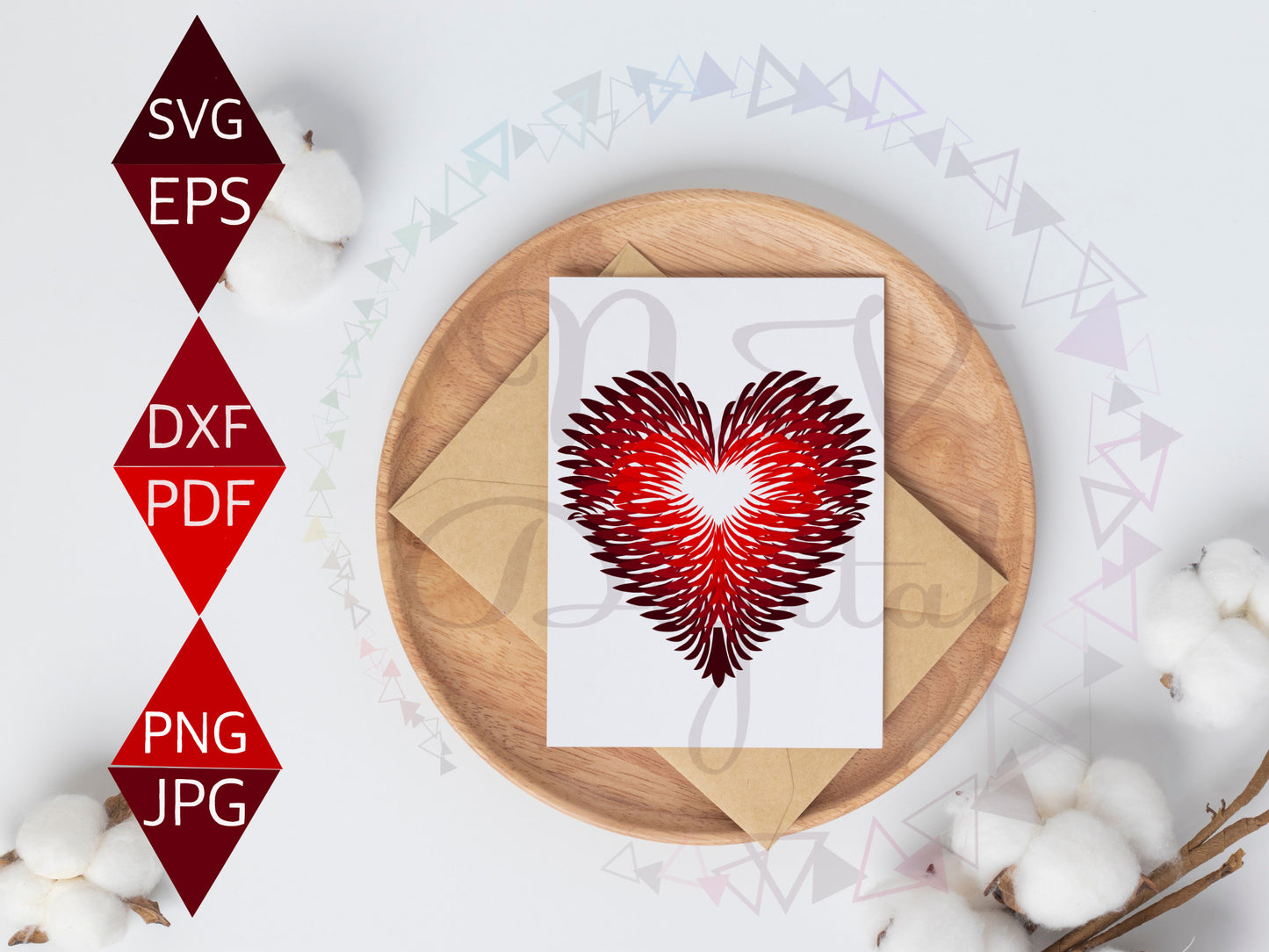 Red Feathers Design Heart Shaped Vector PNG on greeting card