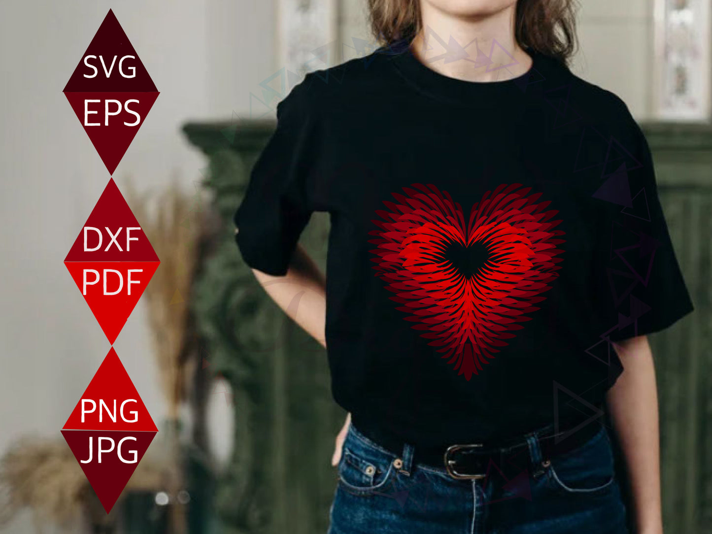 Red Feathers Design Heart Shaped Vector PNG on black T-shirt