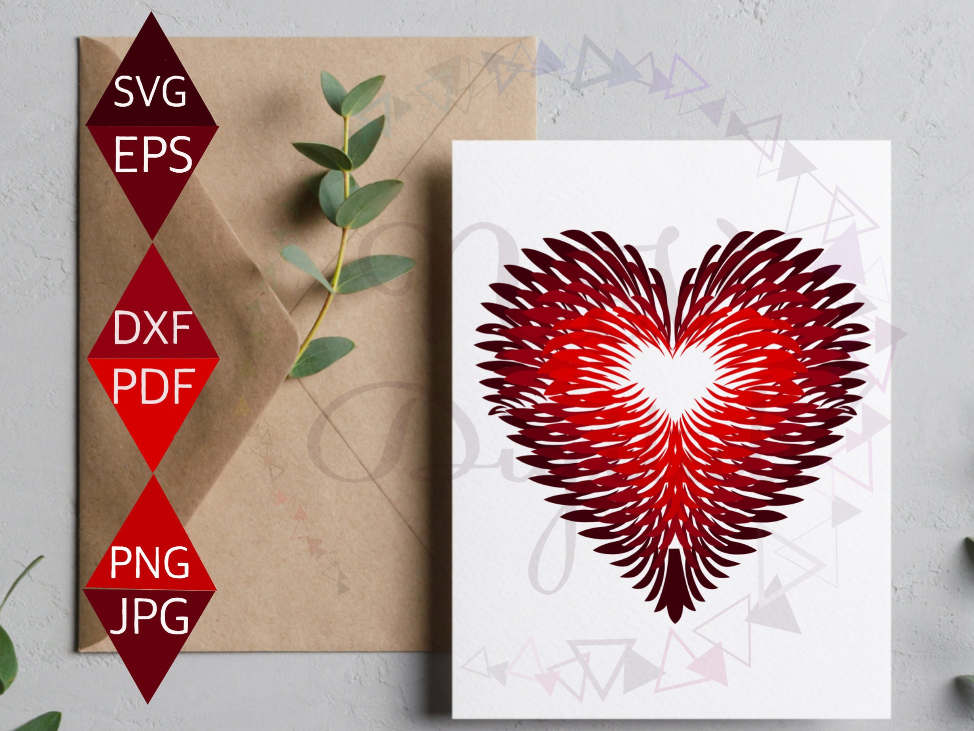 south western Red Feathers Design Heart Shaped Vector PNG on Greeting card