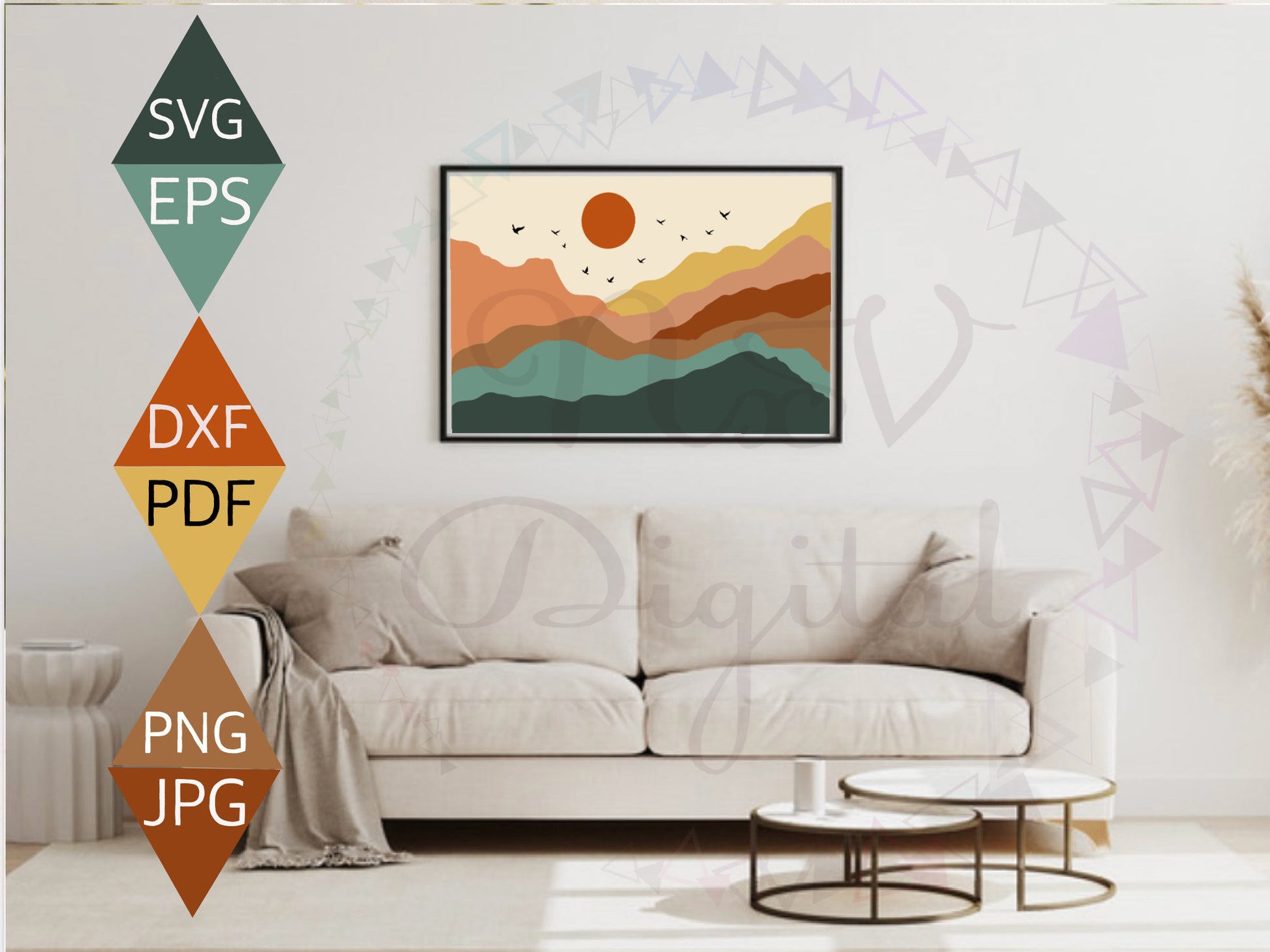 Boho Mountain Sun and Birds Landscape Print on black framed wall art