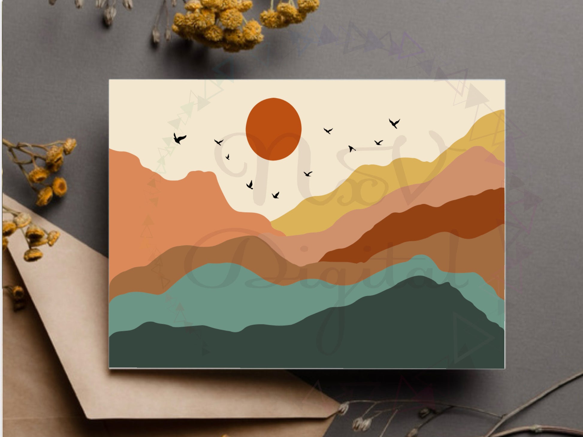 Boho Mountain Sun and Birds Landscape Print on Greeting Card