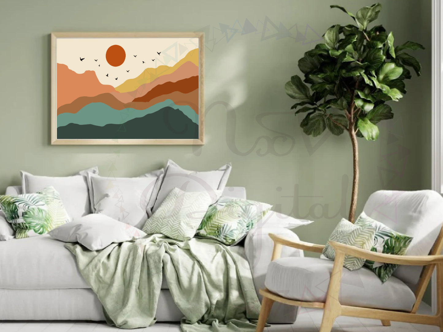 Boho Mountain Sun and Birds Landscape Print on wood framed wall art