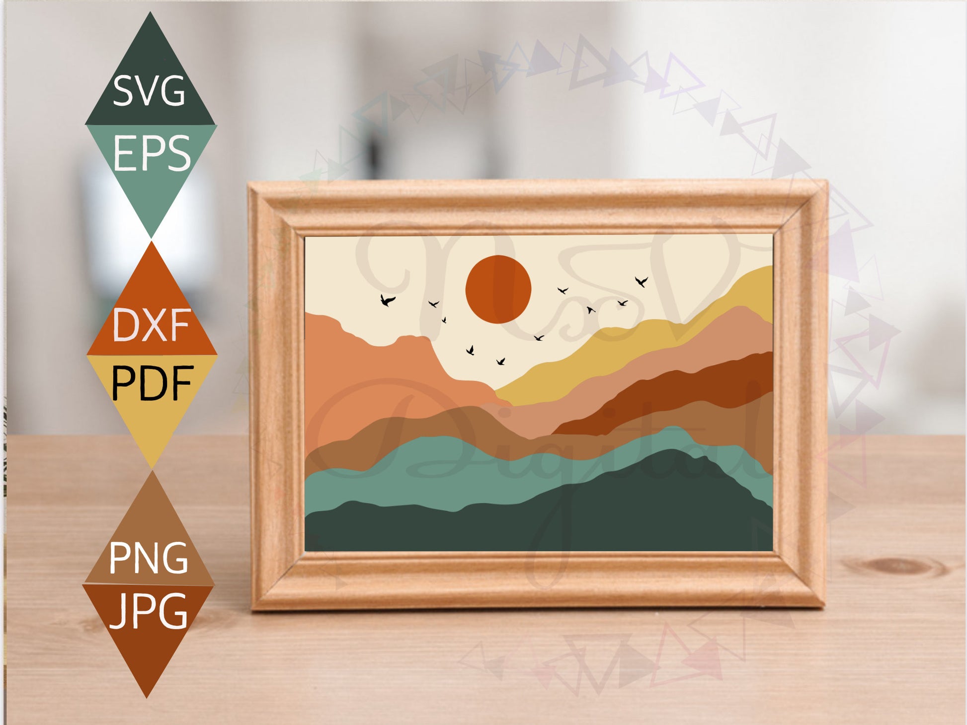 Boho Mountain Sun and Birds Landscape Print on wood framed wall art