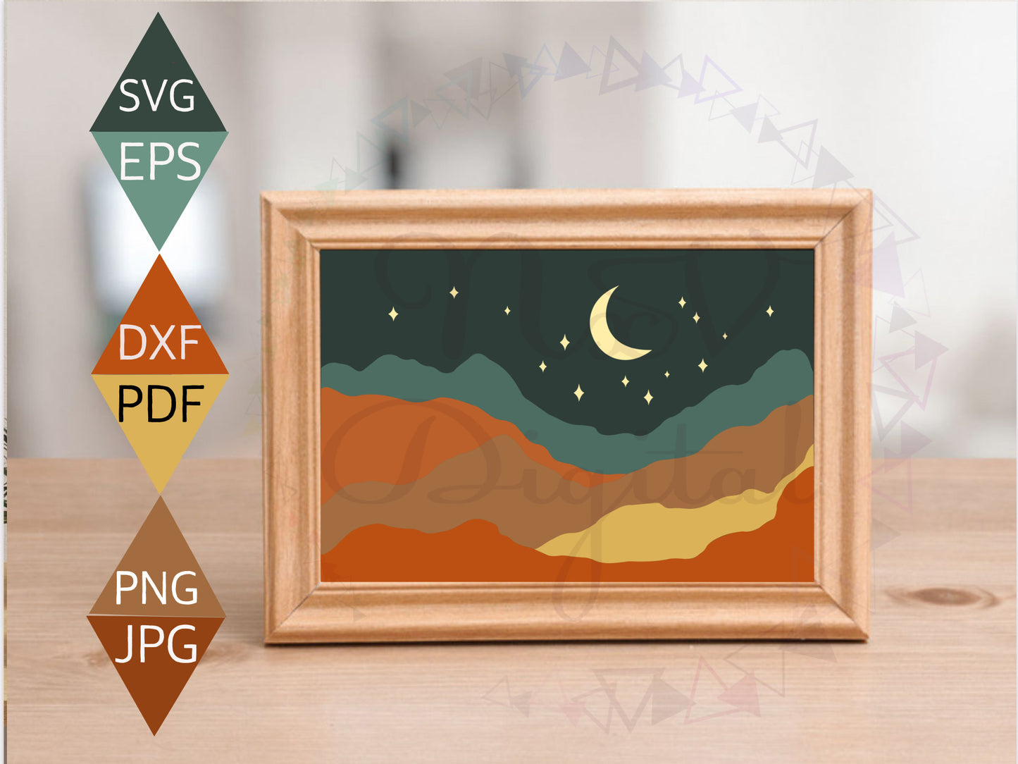 Boho Mountain Half Moon and Star Landscape Print on wood framed wall hanging