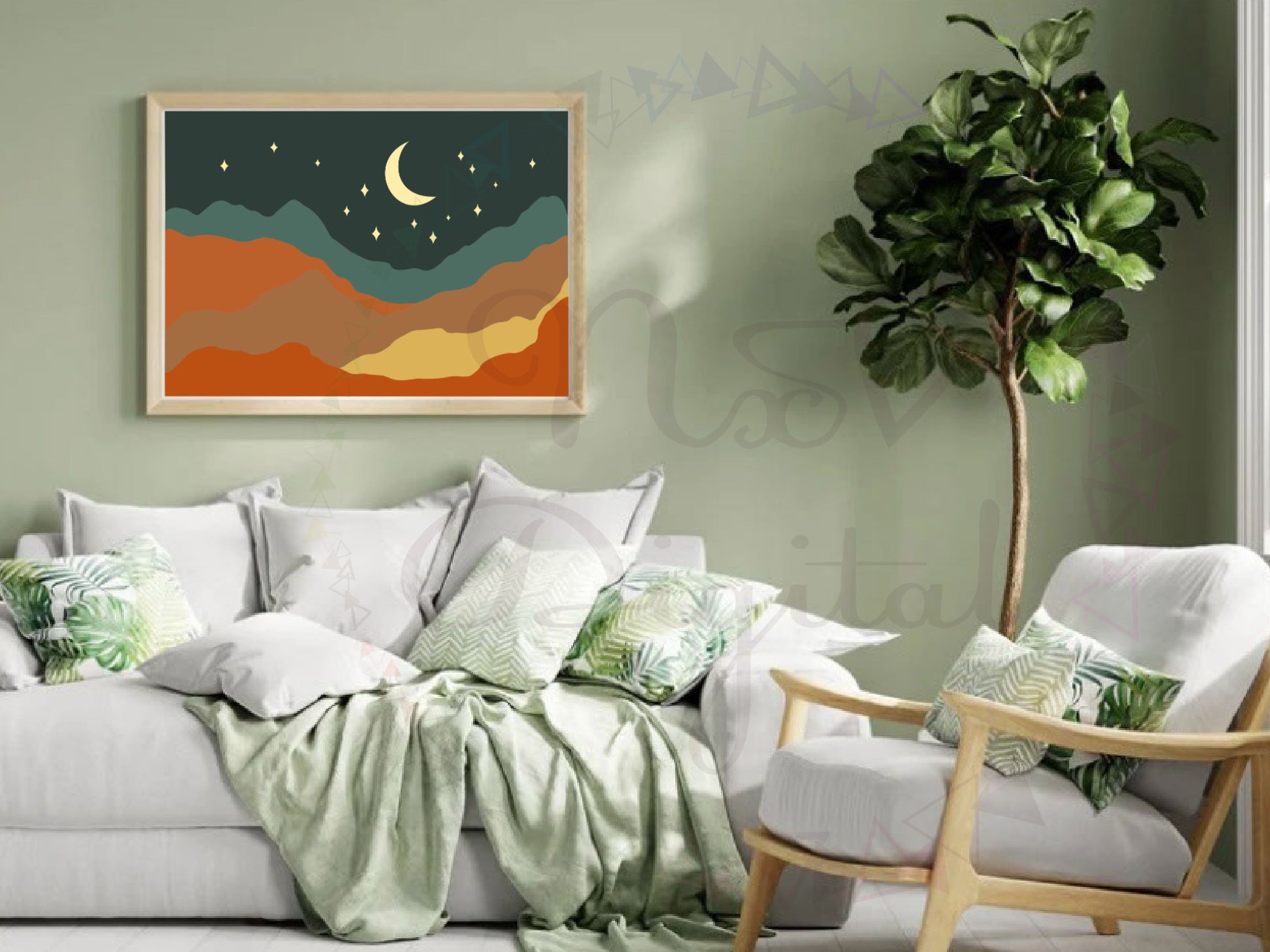 Boho Mountain Half Moon and Star Landscape Print 