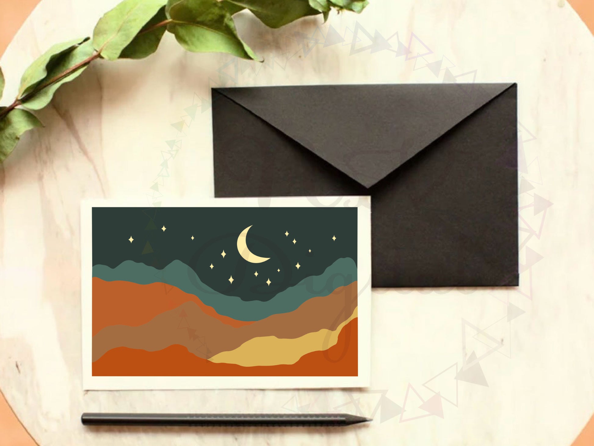 Boho Mountain Half Moon and Star Landscape Print on Greeting Card