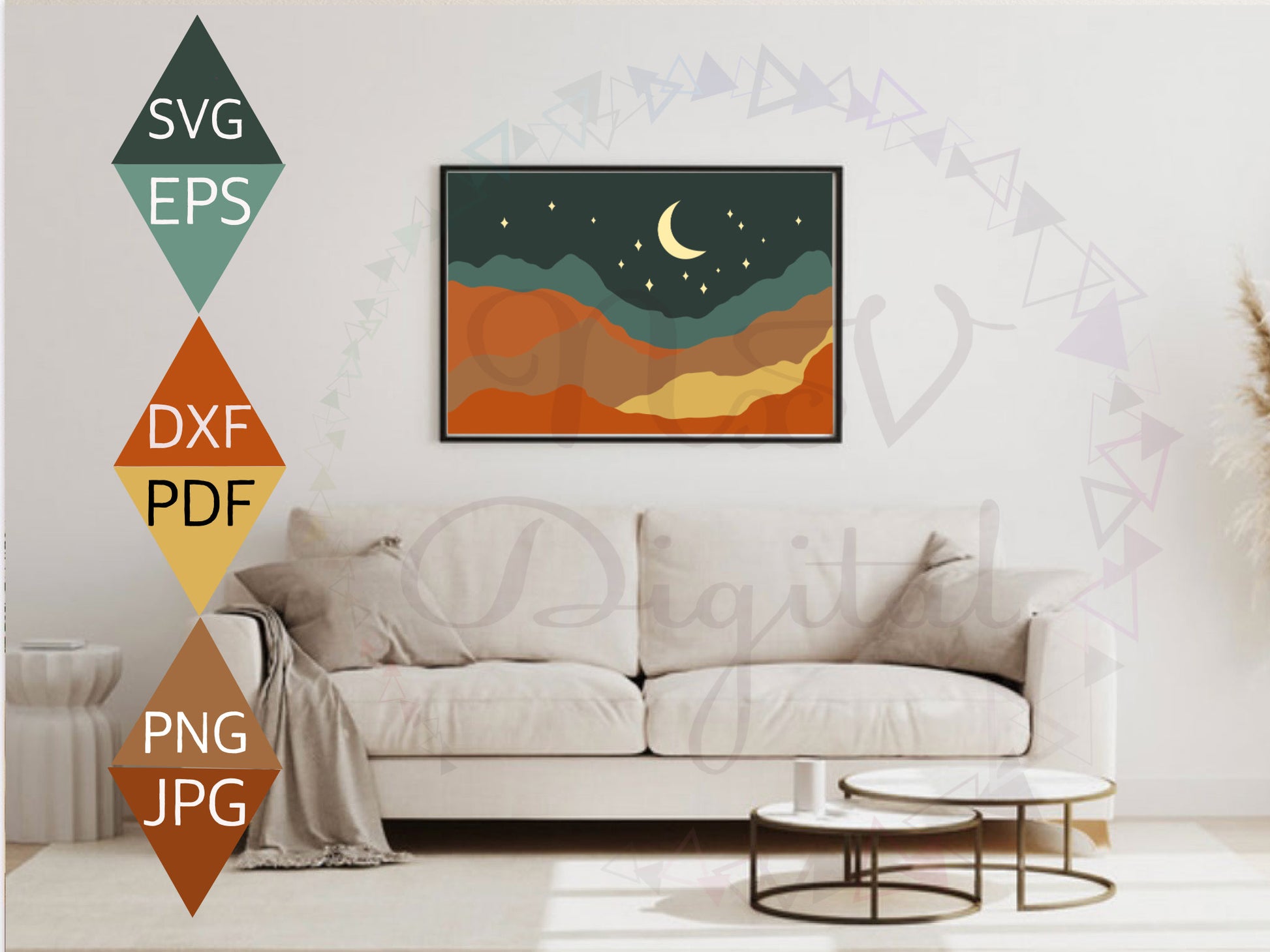 Boho Mountain Half Moon and Star Landscape Print wall hanging