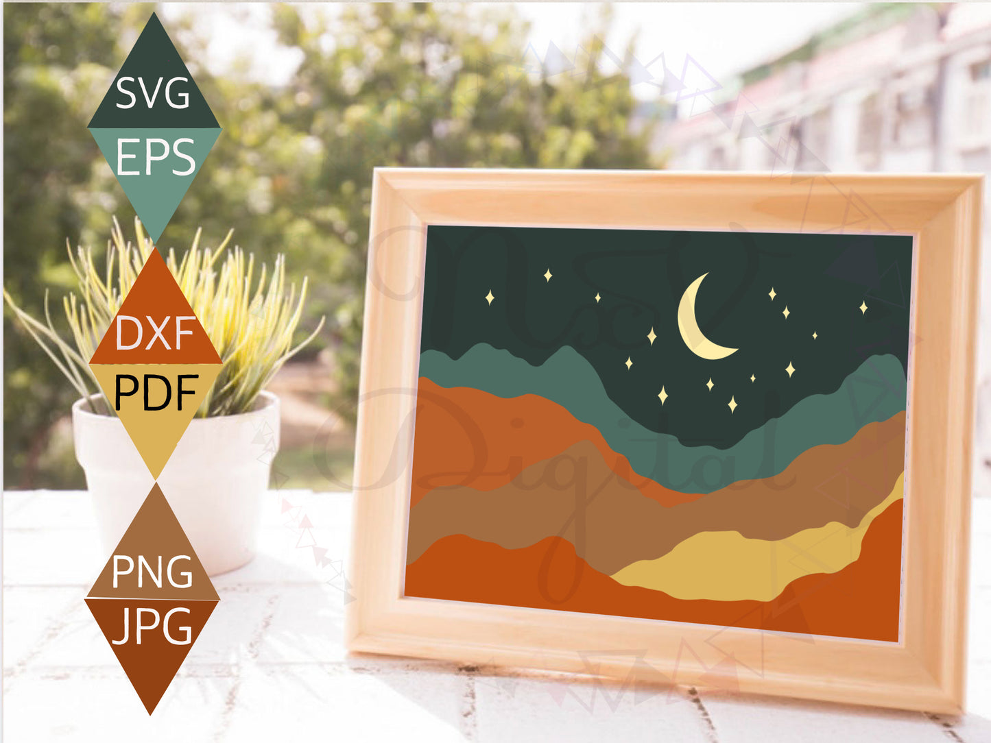 Boho Mountain Half Moon and Star Landscape Print on wood framed art 