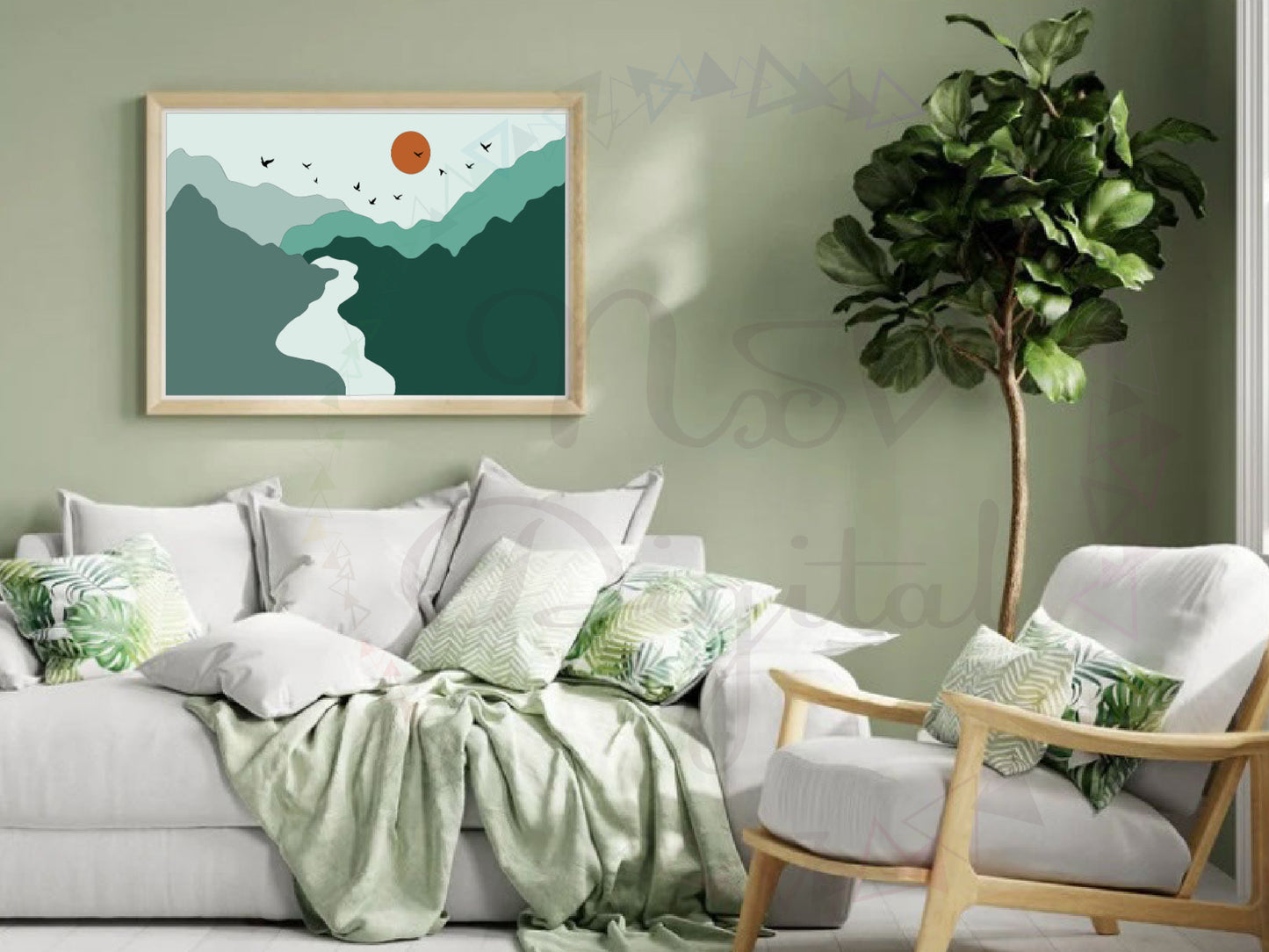 Boho River Mountain Sun and Birds Landscape Print