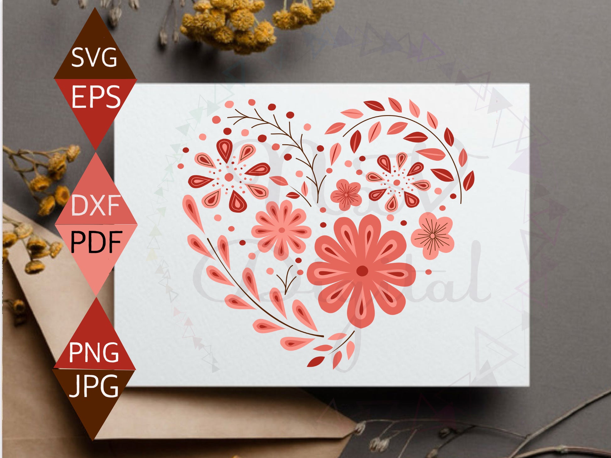 Modern flowers in red and pink heart design on greeting card