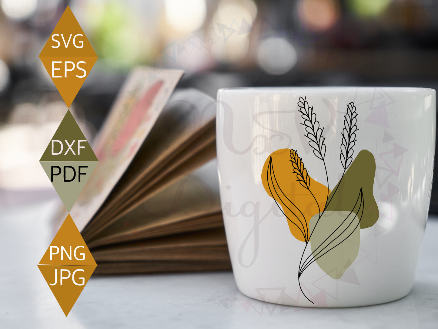 Boho Art Design with Minimalist Floral on White Mug