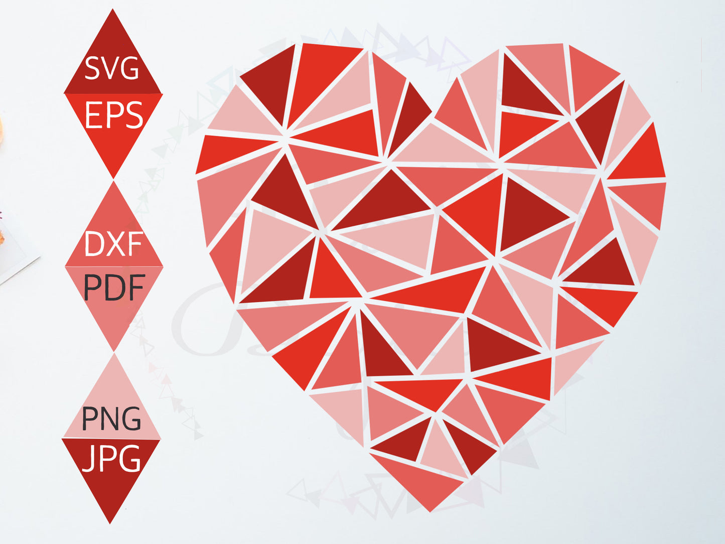 Abstract Mosaic heart shaped print, Multiple red shaded colour