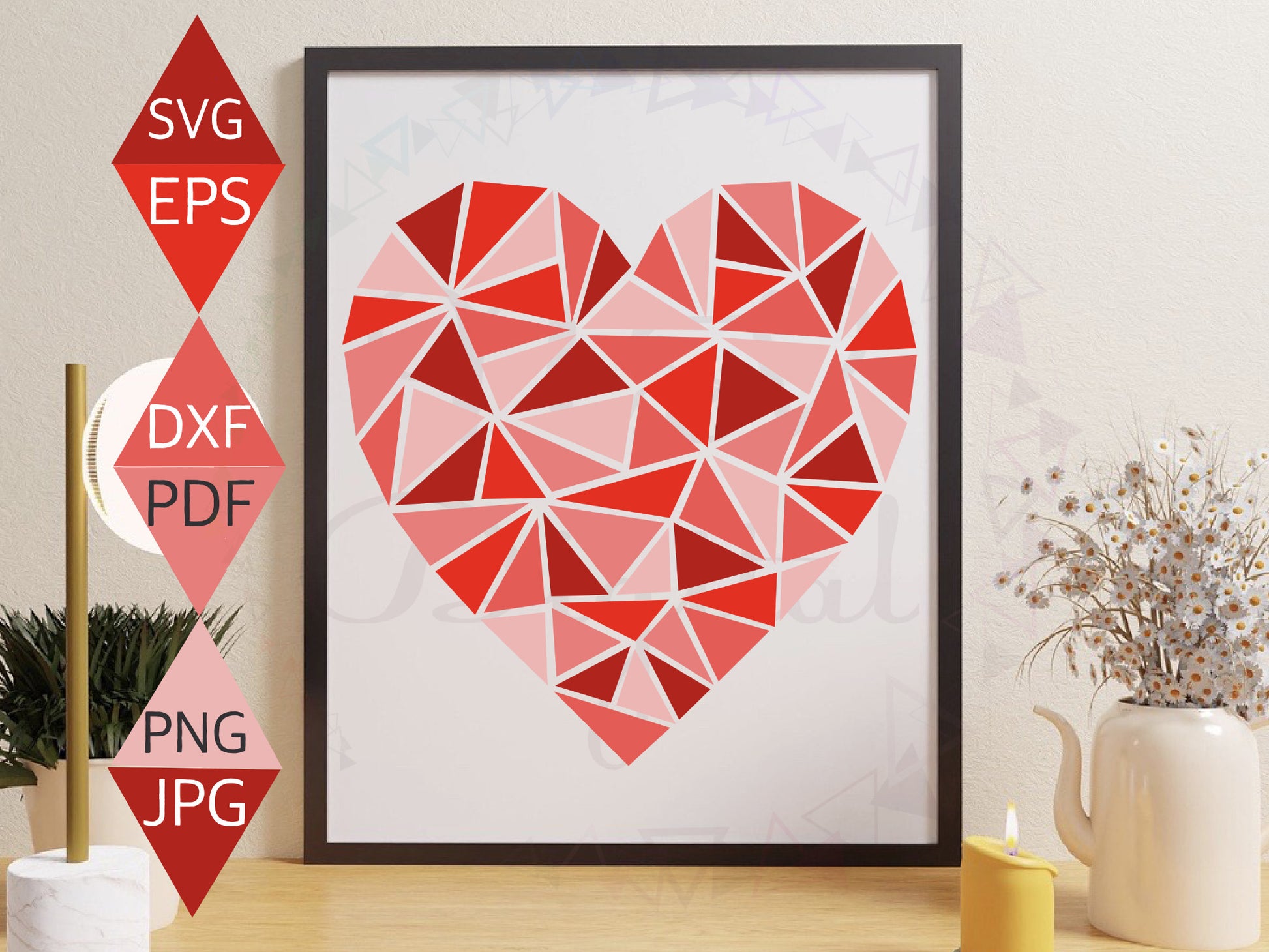 Abstract Mosaic heart shaped print in black frame wall art, Multiple red shaded colour