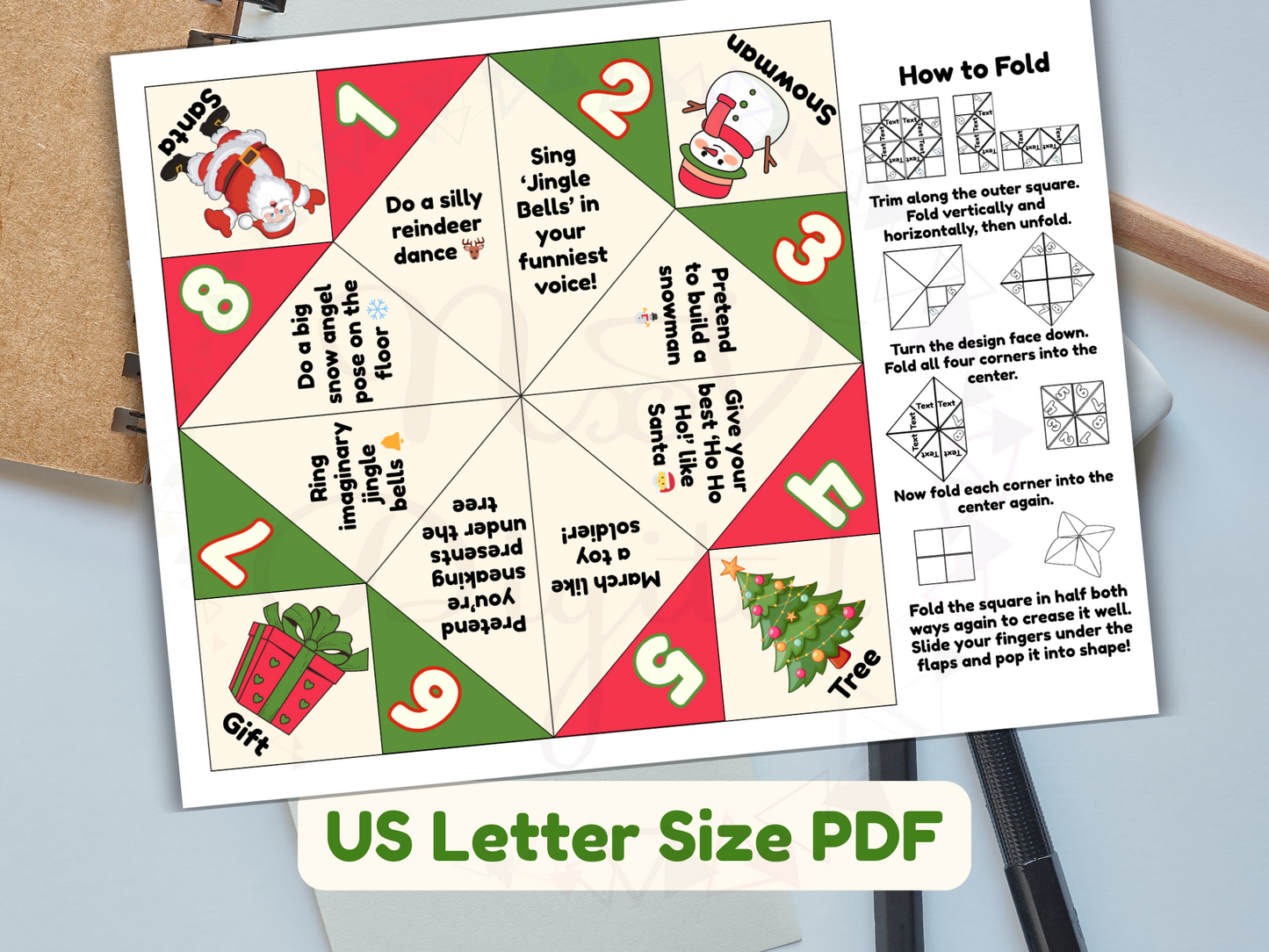 Christmas-themed fortune teller with instructions on a white background